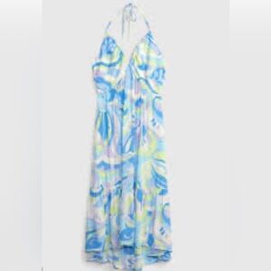 NWT Gap V-Neck Halter Midi Dress Spring Blue Multi Print- Size XL